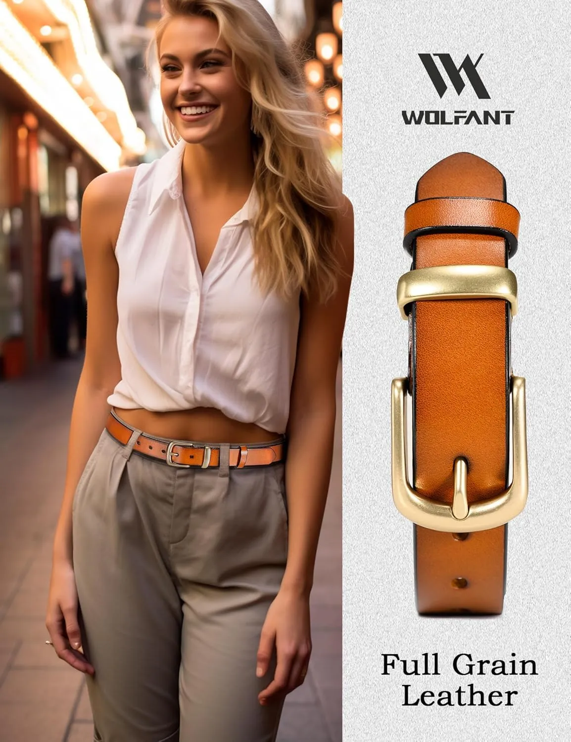 WOLFANT Womens Belts for Jeans,1.1" Fashion Ladies Belt with Gold Buckle,100% Italian Full Grain Real Solid Leather