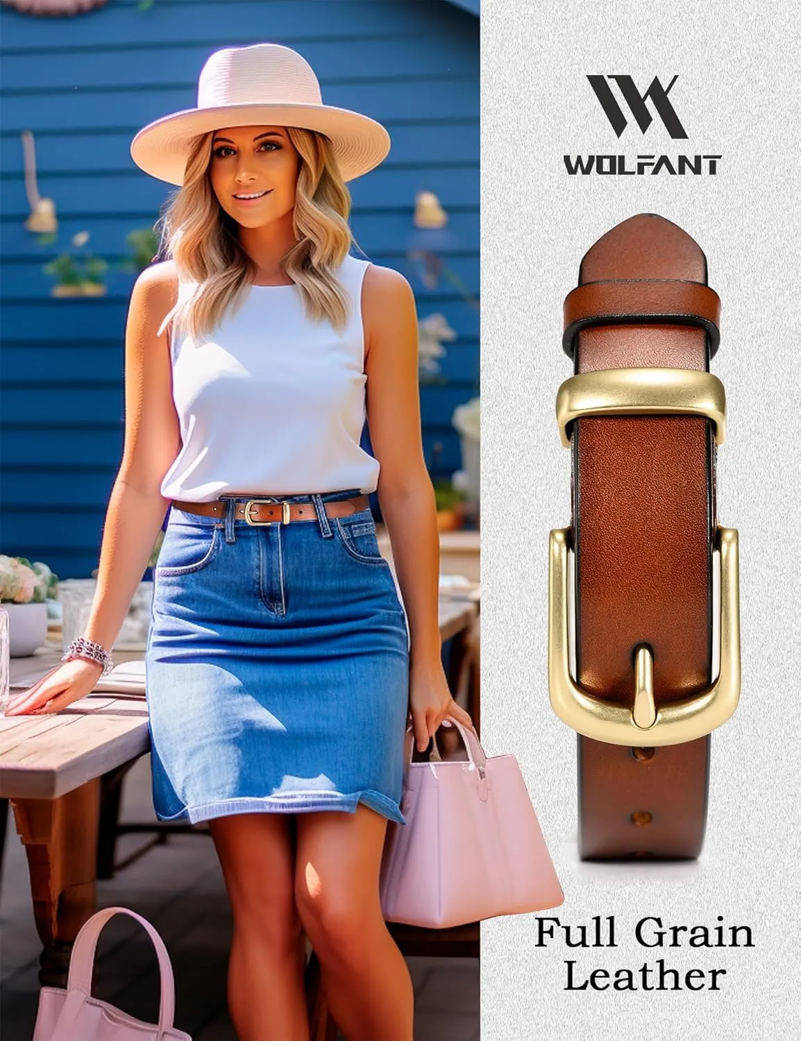 WOLFANT Womens Belts for Jeans,1.1" Fashion Ladies Belt with Gold Buckle,100% Italian Full Grain Real Solid Leather