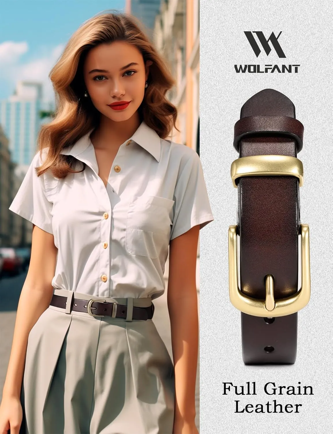 WOLFANT Womens Belts for Jeans,1.1" Fashion Ladies Belt with Gold Buckle,100% Italian Full Grain Real Solid Leather
