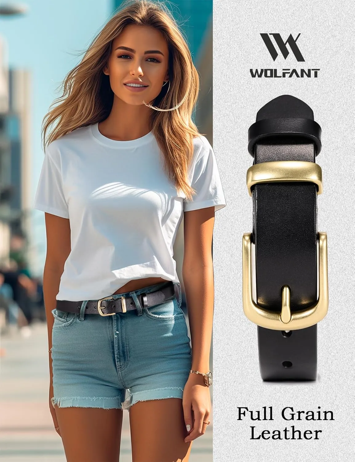 WOLFANT Womens Belts for Jeans,1.1" Fashion Ladies Belt with Gold Buckle,100% Italian Full Grain Real Solid Leather