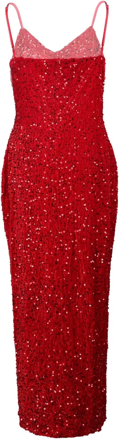 Women Cocktail Long Sequin Formal Evening Gowns Adjustable Spaghetti Strap Prom Dresses Sparkle Mermaid Night Outfits