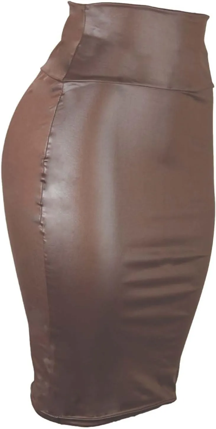 Women High Waist Bodycon Midi Skirts Faux Leather Knee Length Pencil Skirt Ladies Below Knee Office Skirts