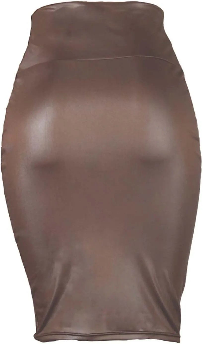 Women High Waist Bodycon Midi Skirts Faux Leather Knee Length Pencil Skirt Ladies Below Knee Office Skirts