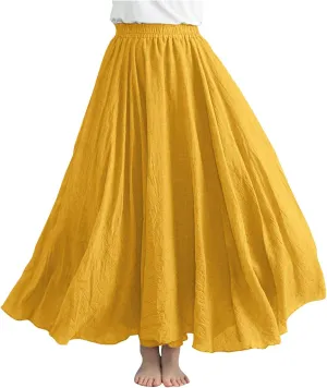 Women Lightweight Boho Maxi Skirts Flowy Beach Long Skirt Elastic Waist Pleated Swing Bohemian Skirts 2025 New Yellow