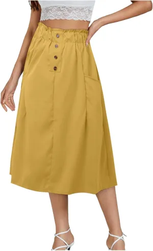Women Midi Skirt Women's Button Down Denim Skirt High Waisted Casual Loose Jean Midi Skirts with Pockets