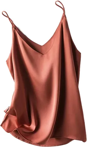 Women Silk Spaghetti Strap Scoop Neck Ribbed Tank Tops Slim Fitted Camisole Basic Sleeveless Shirts