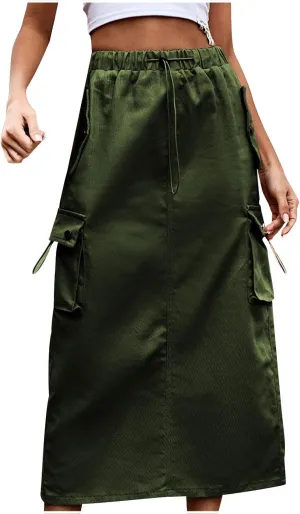 Women Y2k Drawstring Cargo Denim Skirt High Waist Ruched Parachute Maxi Long Skirts Vintage Jean Skirt with Pockets