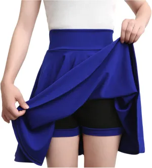 Women's Basic Mini Skirt Elastic High Waisted Casual Stretchy Pleated Skirts with Shorts A-Line Swing Short Dress
