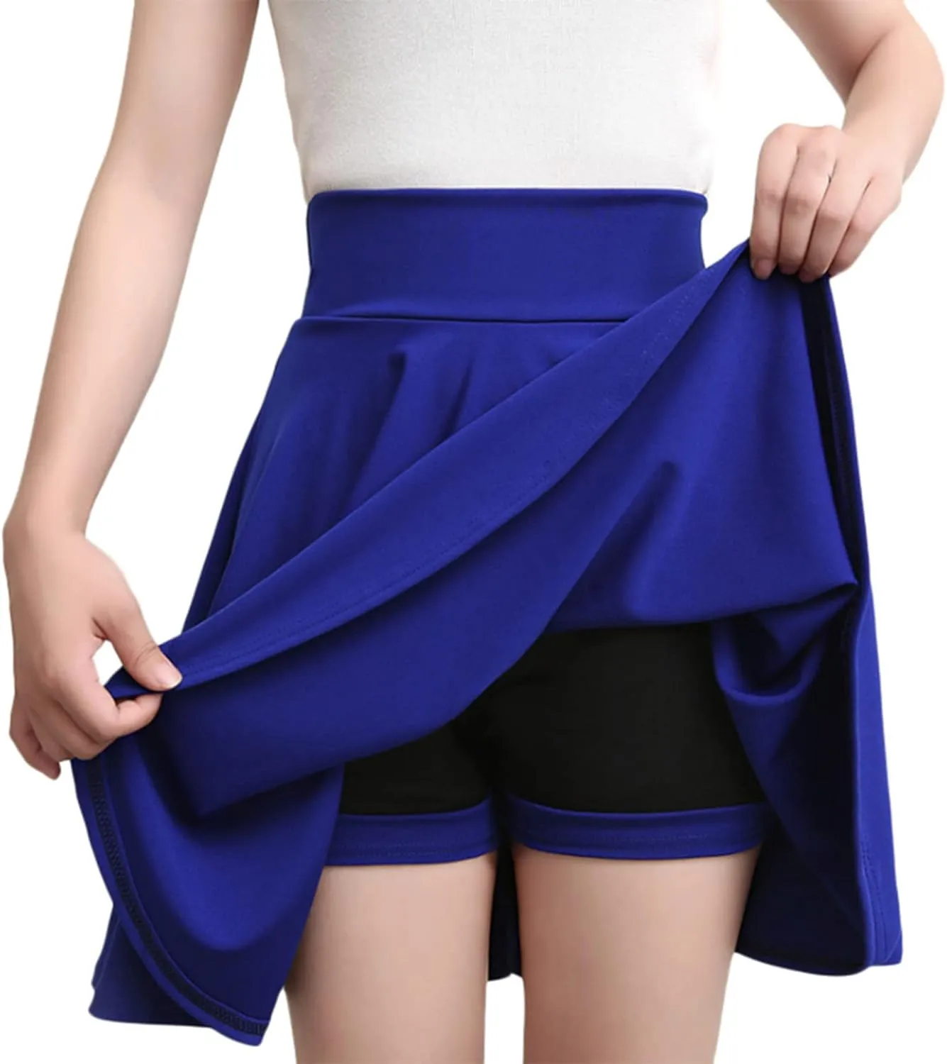 Women's Basic Mini Skirt Elastic High Waisted Casual Stretchy Pleated Skirts with Shorts A-Line Swing Short Dress