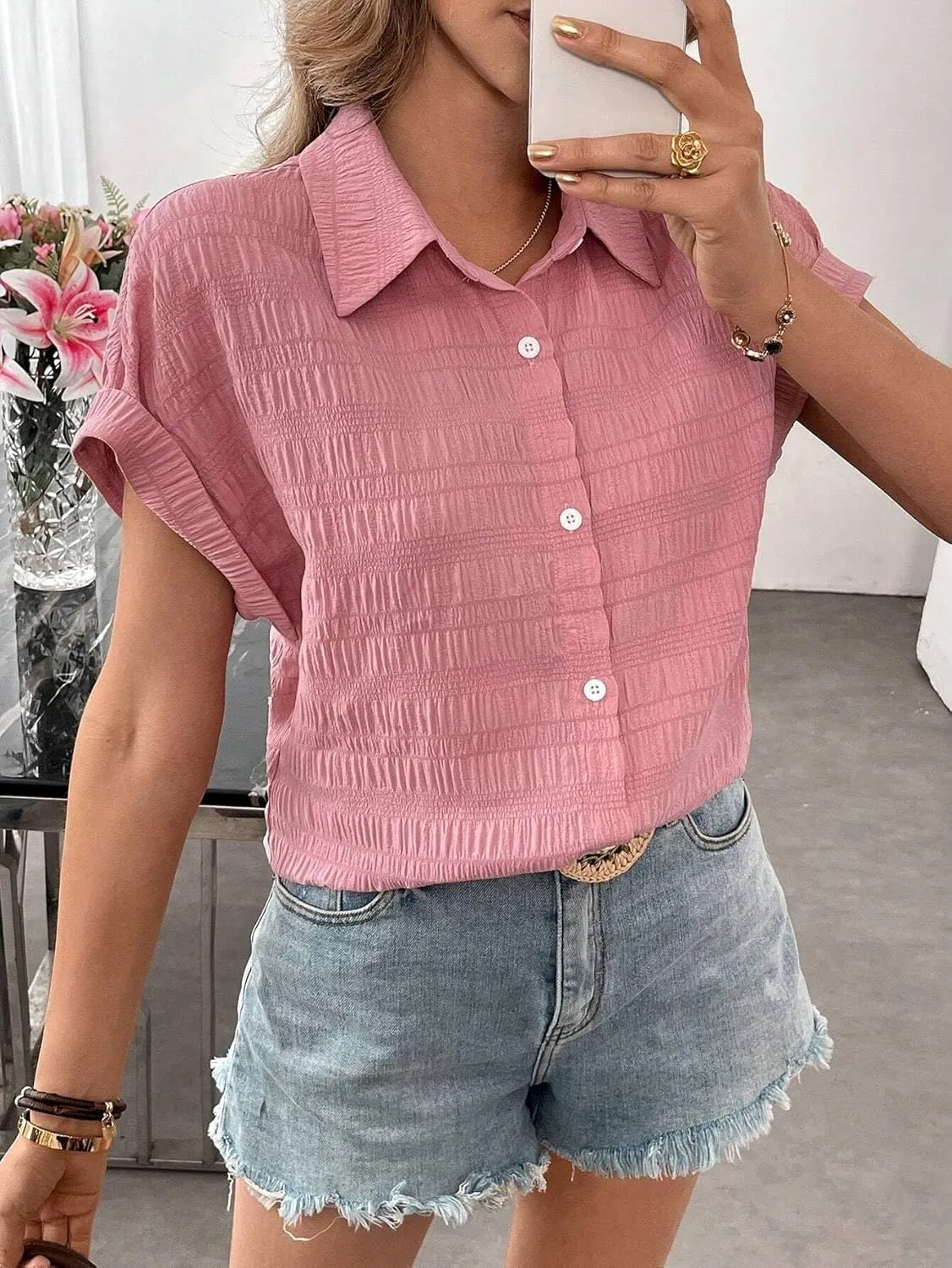 Women's Blouses Shirts Casual Plain Textured Open Front Regular Camisole Top Trendy Tshirts Tops