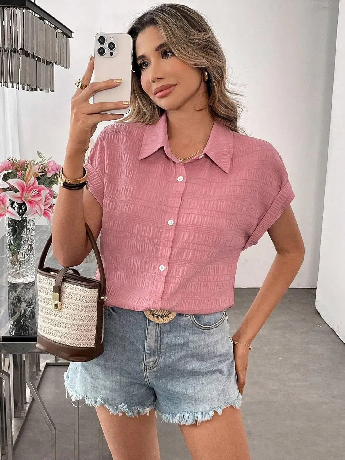 Women's Blouses Shirts Casual Plain Textured Open Front Regular Camisole Top Trendy Tshirts Tops