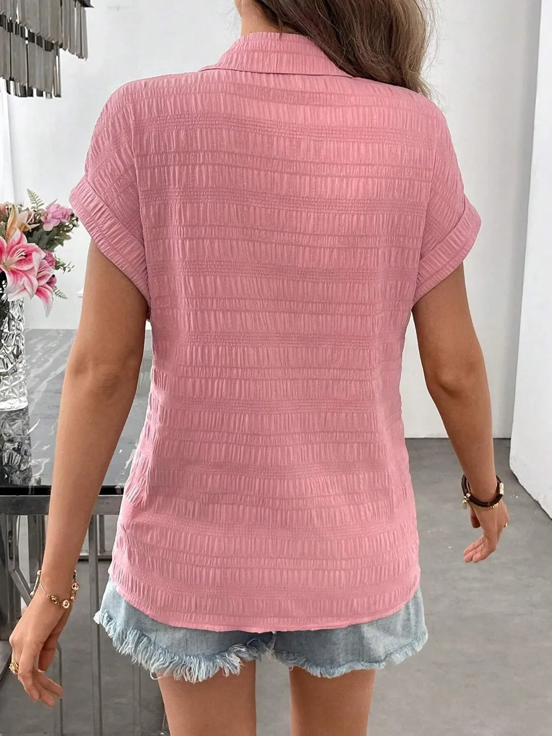Women's Blouses Shirts Casual Plain Textured Open Front Regular Camisole Top Trendy Tshirts Tops