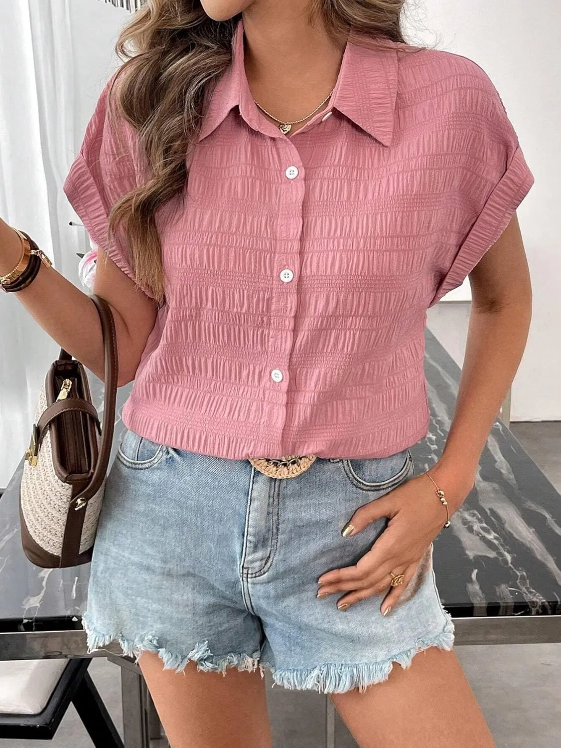 Women's Blouses Shirts Casual Plain Textured Open Front Regular Camisole Top Trendy Tshirts Tops