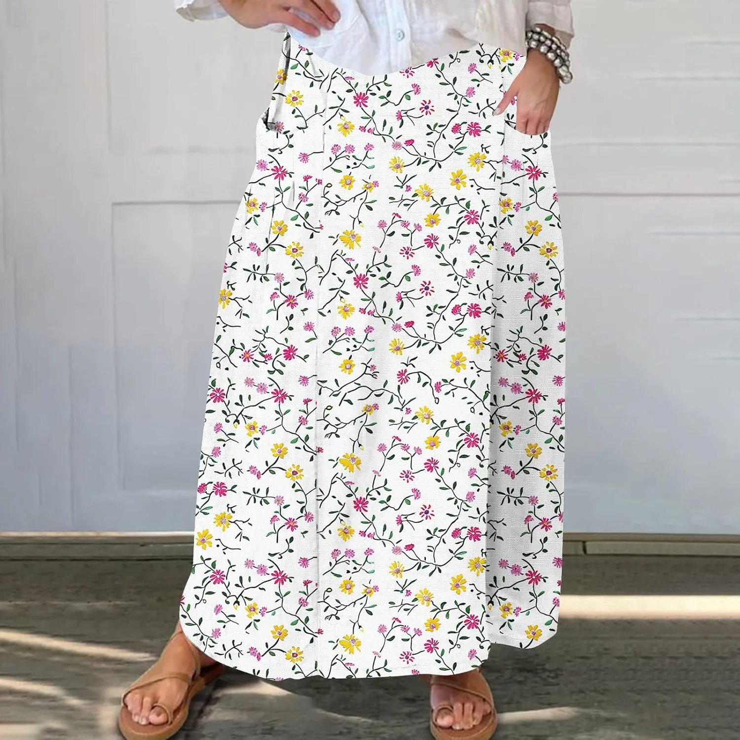 Women's Boho Floral Print High Waist A Line Ruffle Pleated Flowy Midi Skirts Comfy Casual Mid Calf Half Dress