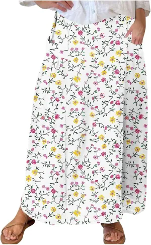 Women's Boho Floral Print High Waist A Line Ruffle Pleated Flowy Midi Skirts Comfy Casual Mid Calf Half Dress