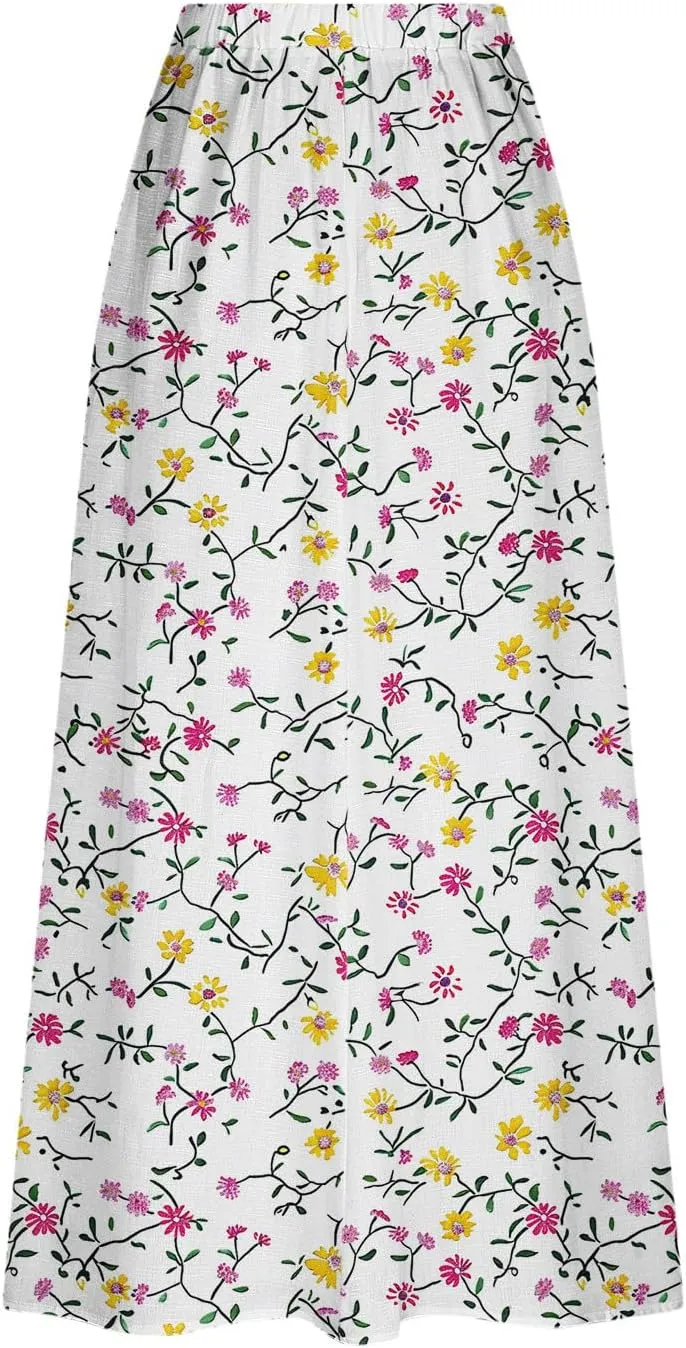 Women's Boho Floral Print High Waist A Line Ruffle Pleated Flowy Midi Skirts Comfy Casual Mid Calf Half Dress