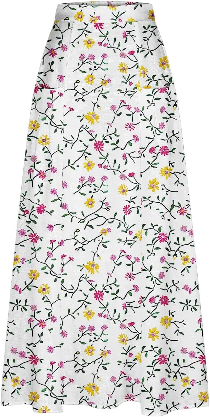 Women's Boho Floral Print High Waist A Line Ruffle Pleated Flowy Midi Skirts Comfy Casual Mid Calf Half Dress