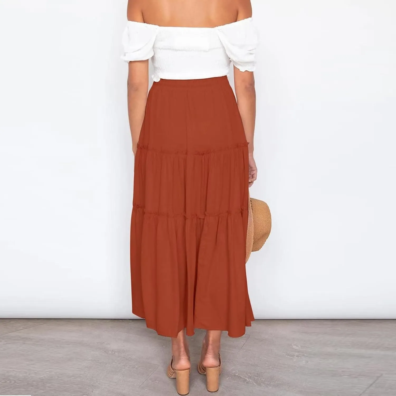 Womens Boho Long Skirts Summer Casual Elastic High Waisted A-Line Maxi Skirt Flowy Swing Ruffle Hem Holiday Skirt
