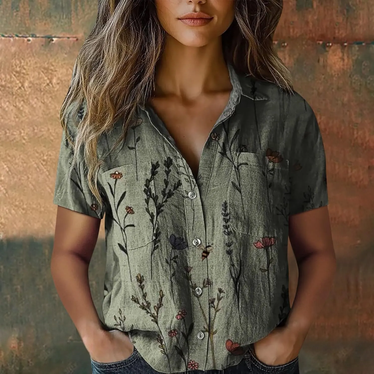 Womens Boho Shirts Vintage Floral Print Short Sleeve V Neck Button Down Ethnic Blouses Casual Loose Fit Tunic Tops
