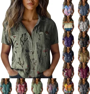 Womens Boho Shirts Vintage Floral Print Short Sleeve V Neck Button Down Ethnic Blouses Casual Loose Fit Tunic Tops