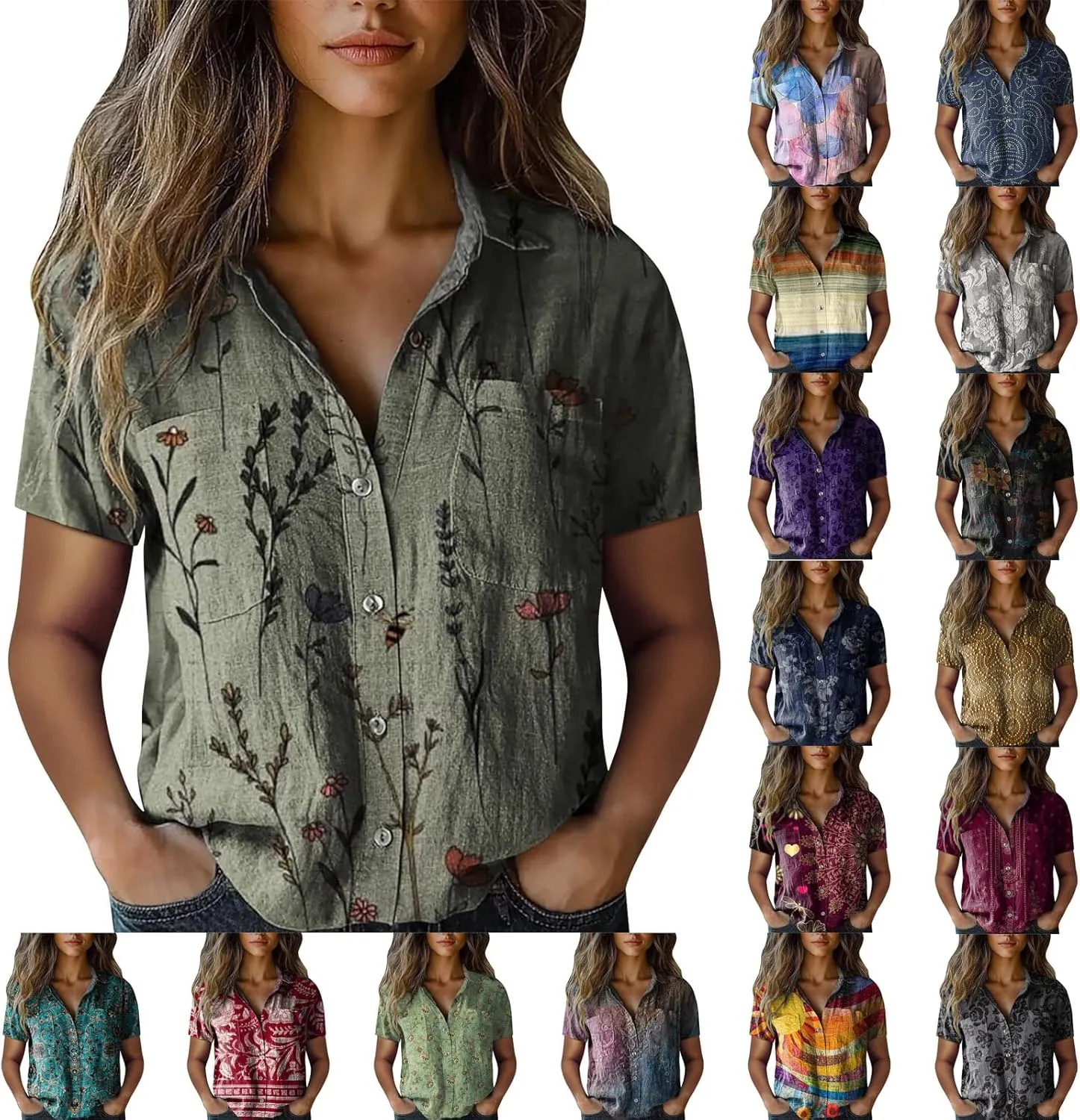 Womens Boho Shirts Vintage Floral Print Short Sleeve V Neck Button Down Ethnic Blouses Casual Loose Fit Tunic Tops