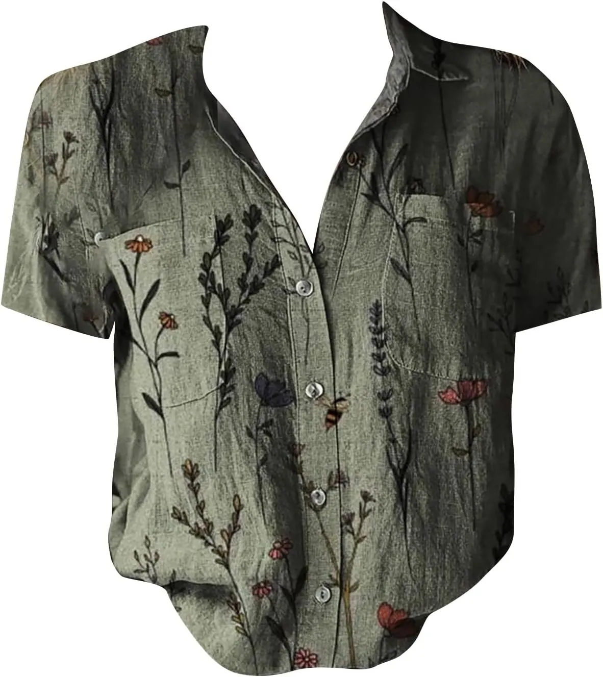 Womens Boho Shirts Vintage Floral Print Short Sleeve V Neck Button Down Ethnic Blouses Casual Loose Fit Tunic Tops