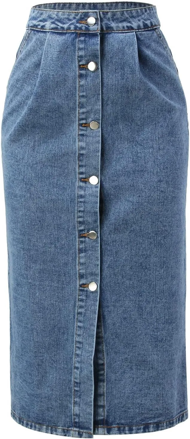 Womens Button Down Denim Skirt High Waisted Casual Loose Jean Midi Skirts with Pockets Wrap Skirts for Women