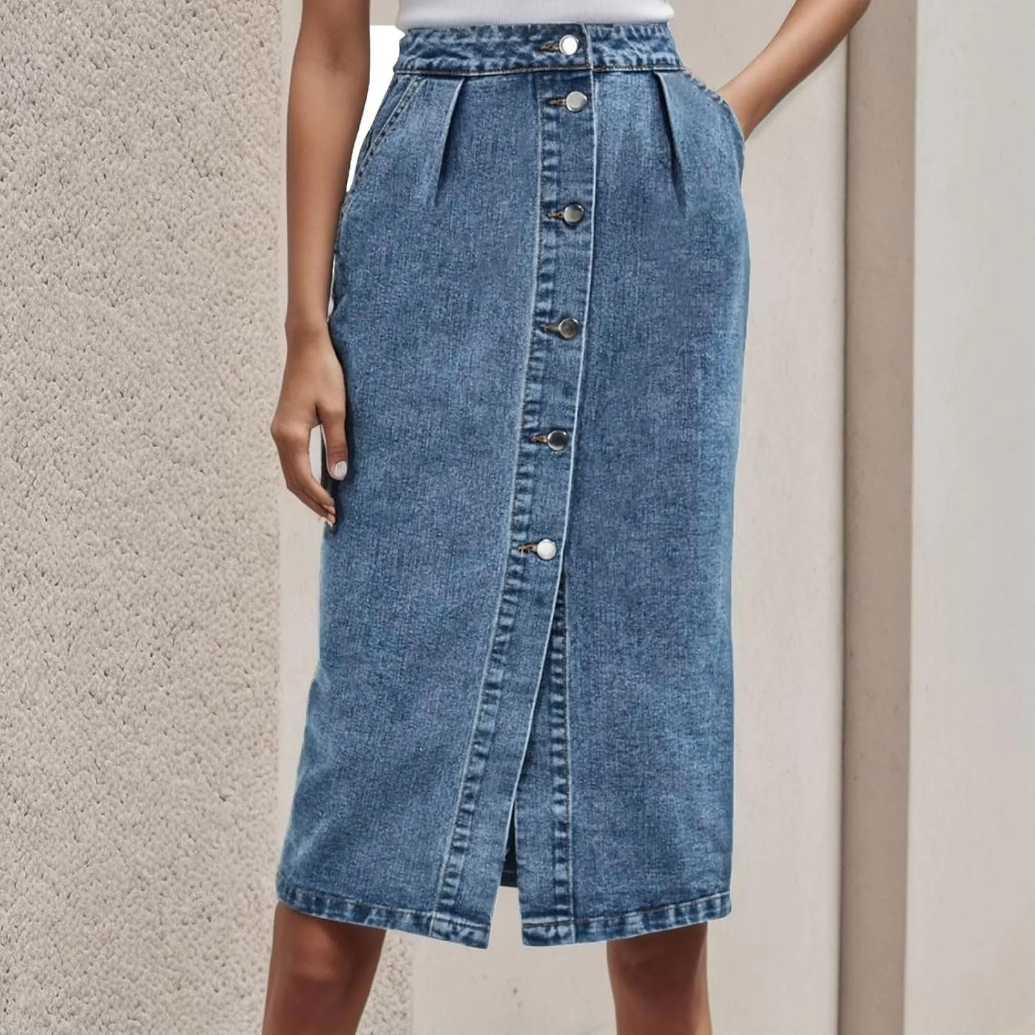 Womens Button Down Denim Skirt High Waisted Casual Loose Jean Midi Skirts with Pockets Wrap Skirts for Women