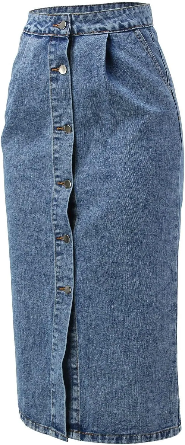 Womens Button Down Denim Skirt High Waisted Casual Loose Jean Midi Skirts with Pockets Wrap Skirts for Women