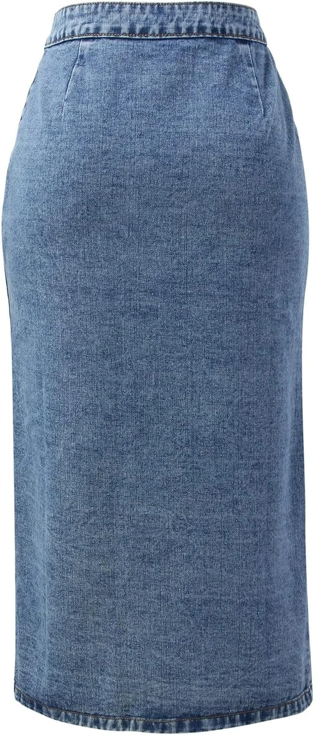 Womens Button Down Denim Skirt High Waisted Casual Loose Jean Midi Skirts with Pockets Wrap Skirts for Women