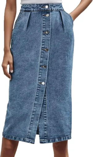 Womens Button Down Denim Skirt High Waisted Casual Loose Jean Midi Skirts with Pockets Wrap Skirts for Women