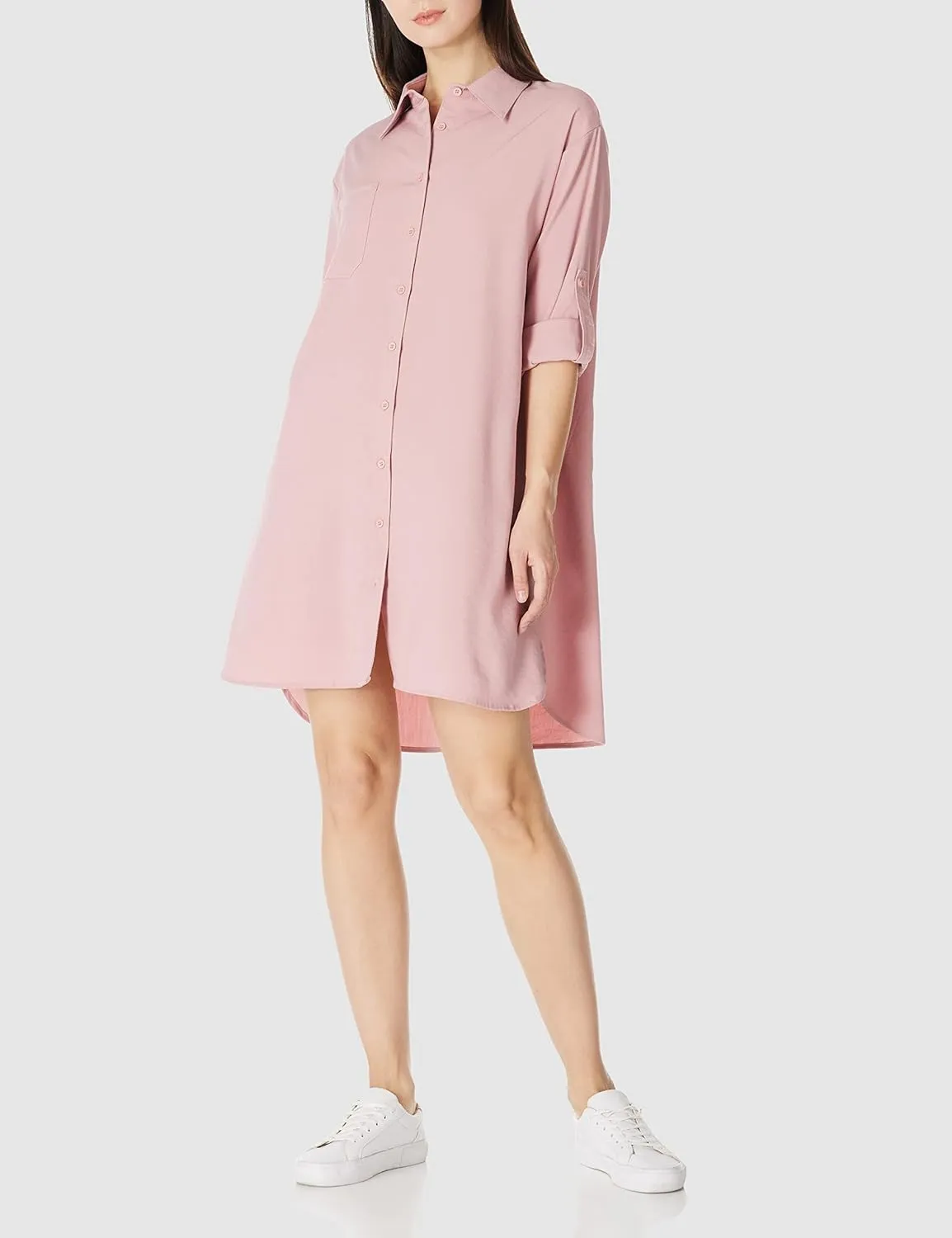 Women's Casual Cuffed Long Sleeve Button Down Shirt Dress Plus Size V Neck Tunic Blouses Tops with Pockets