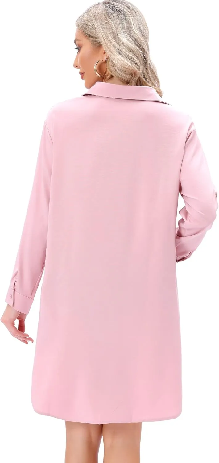 Women's Casual Cuffed Long Sleeve Button Down Shirt Dress Plus Size V Neck Tunic Blouses Tops with Pockets