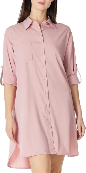 Women's Casual Cuffed Long Sleeve Button Down Shirt Dress Plus Size V Neck Tunic Blouses Tops with Pockets