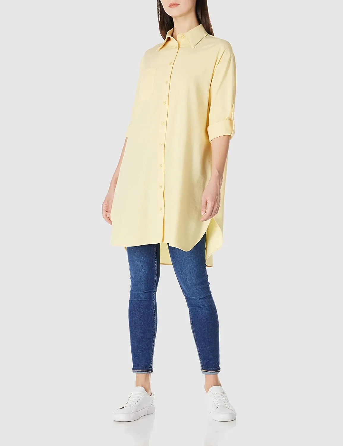 Women's Casual Cuffed Long Sleeve Button Down Shirt Dress Plus Size V Neck Tunic Blouses Tops with Pockets