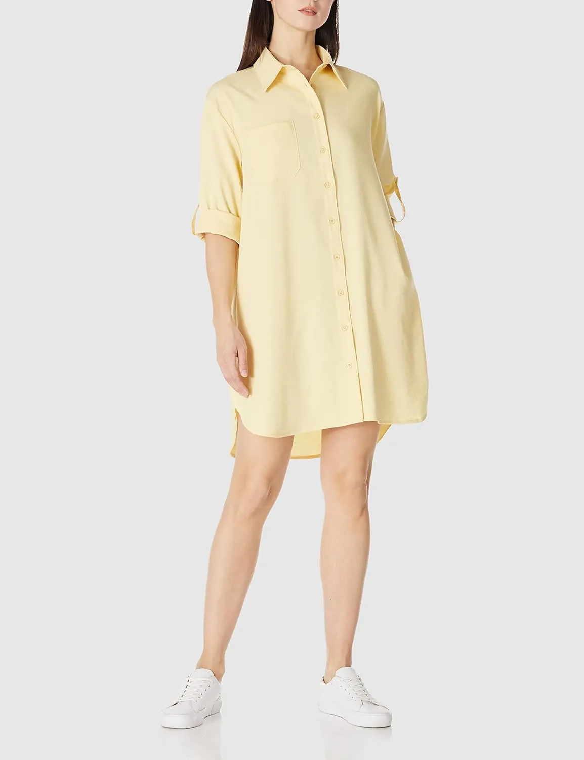 Women's Casual Cuffed Long Sleeve Button Down Shirt Dress Plus Size V Neck Tunic Blouses Tops with Pockets