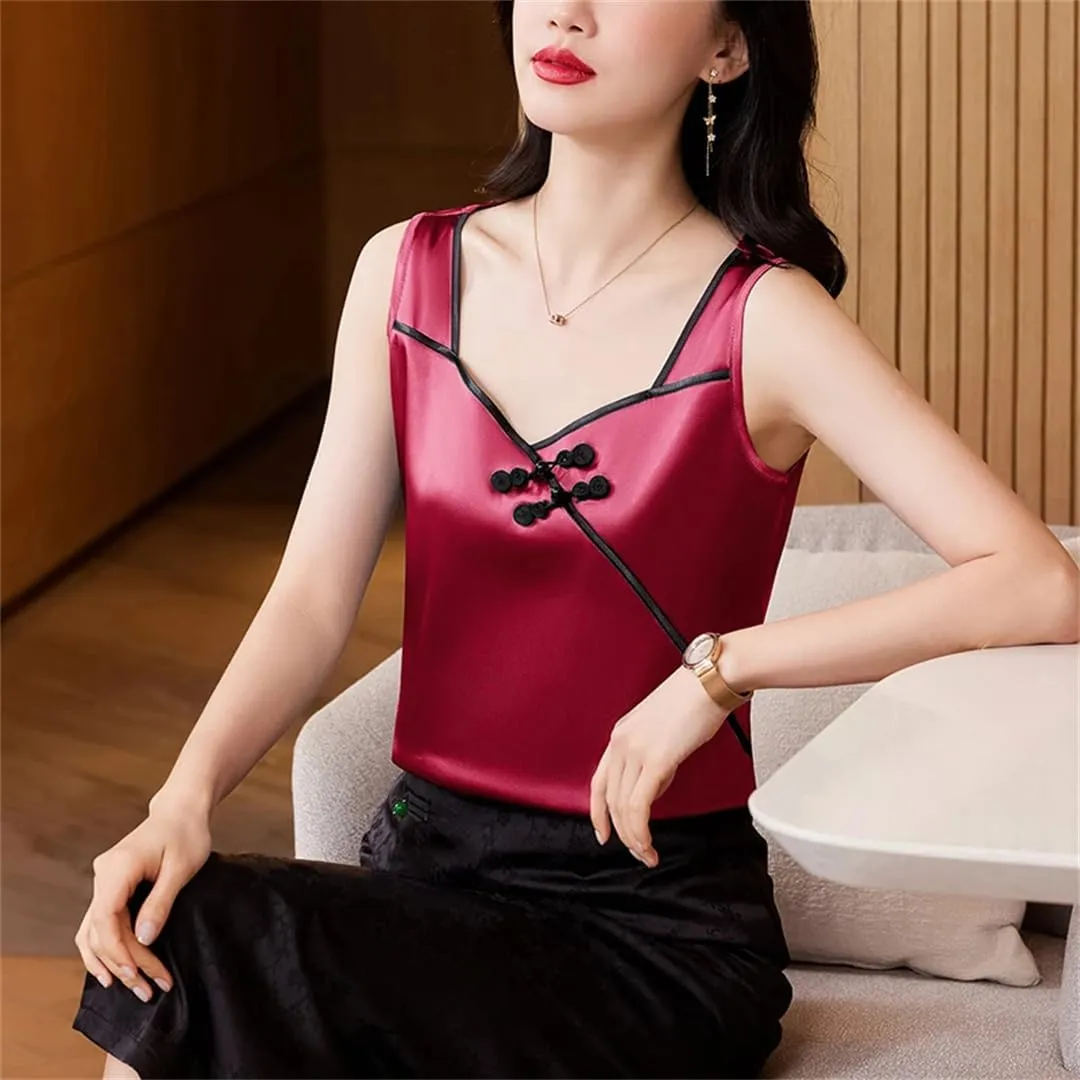 Women's Chinese Style Silk Satin Tank Tops Sleeveless Vest Shirt Patchwork Square Neck Camisole