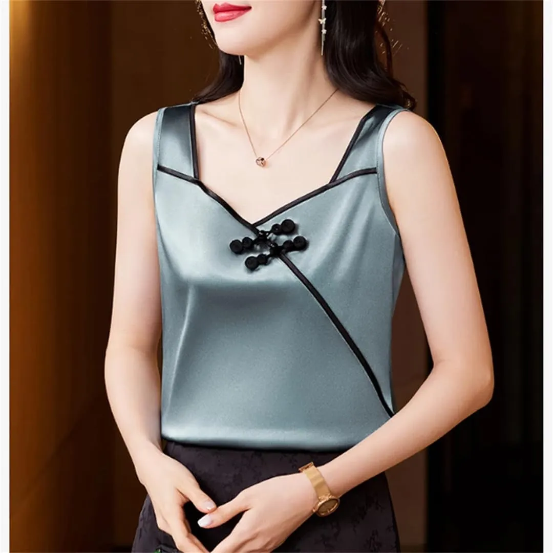 Women's Chinese Style Silk Satin Tank Tops Sleeveless Vest Shirt Patchwork Square Neck Camisole