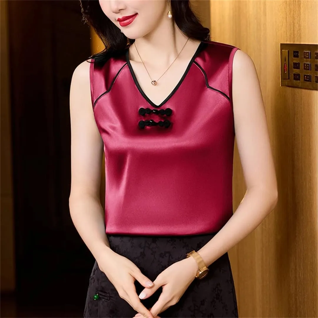 Women's Chinese Style Silk Satin Tank Tops Sleeveless Vest Shirt Patchwork Square Neck Camisole