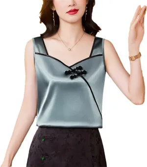 Women's Chinese Style Silk Satin Tank Tops Sleeveless Vest Shirt Patchwork Square Neck Camisole