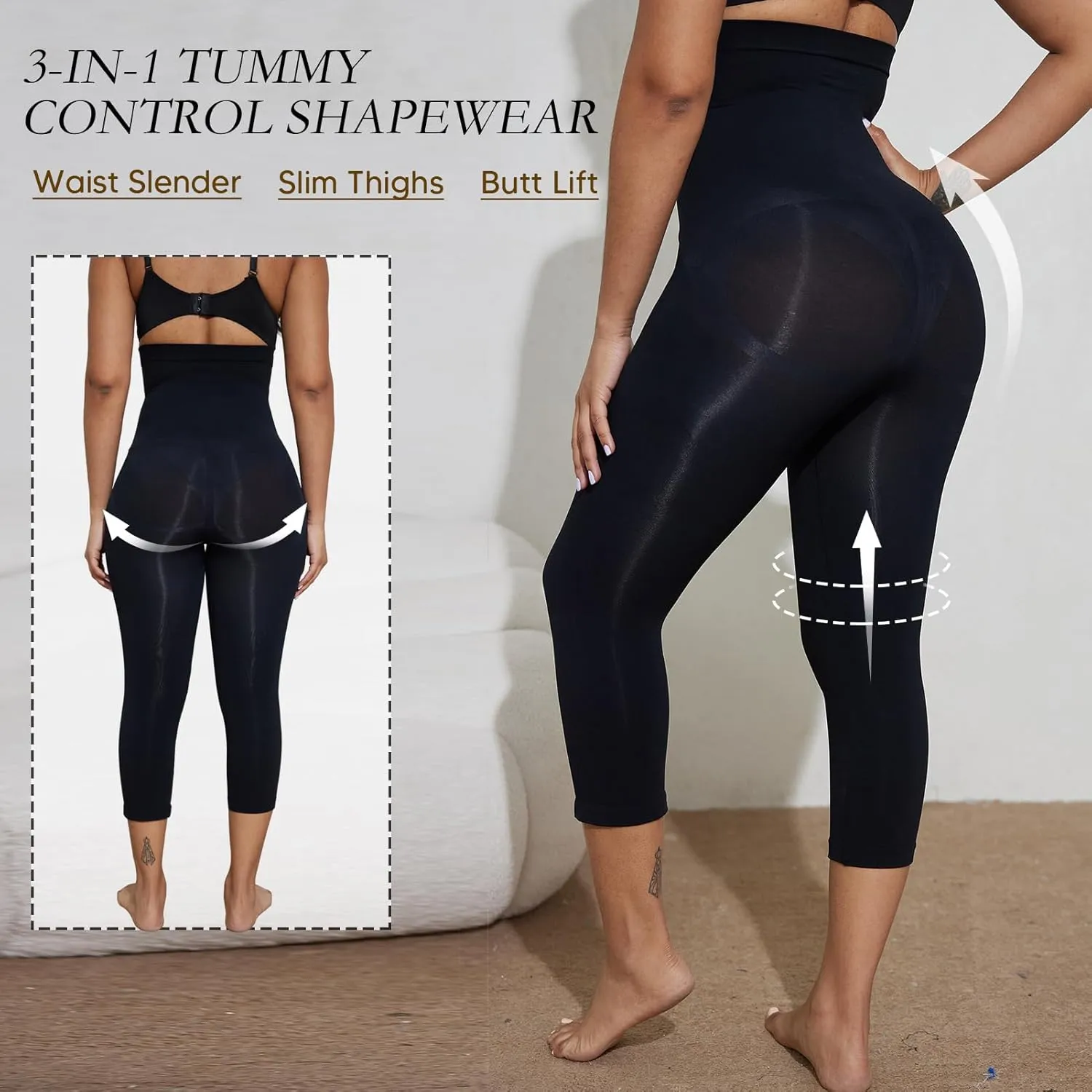 Women's Compression Leggings with Tummy Control and Butt Lifting, High-Waisted Capri Body Shaper