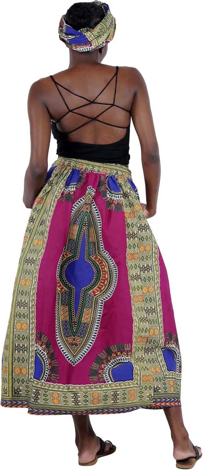 Women's Embossed Dashiki Print Long Maxi, Elastic Waist with Attached Belts & 2 Pockets, African Dashiki Skirt Afrocentric