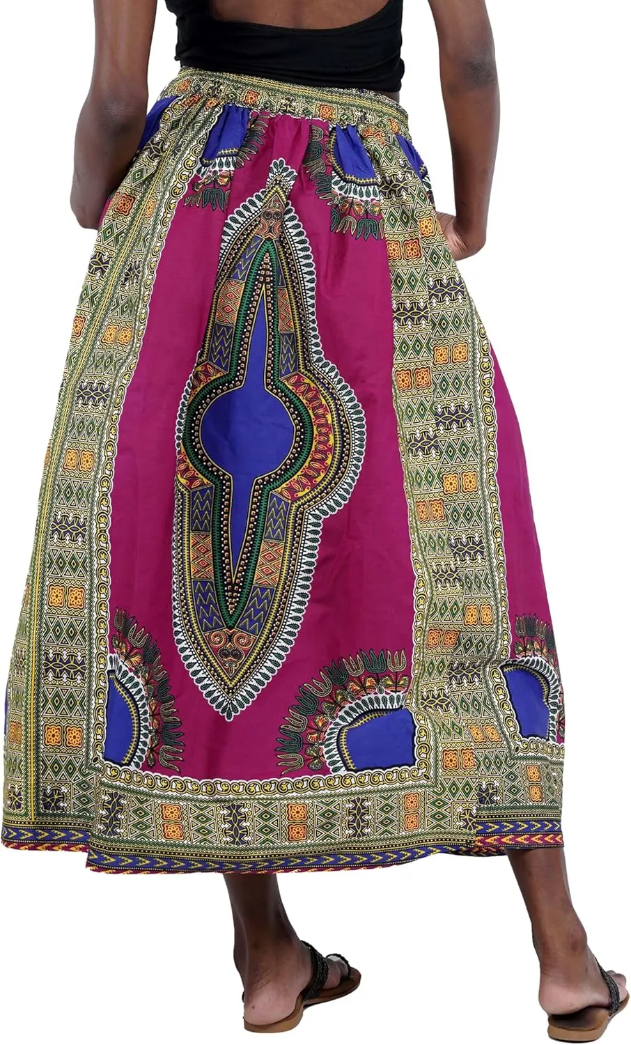 Women's Embossed Dashiki Print Long Maxi, Elastic Waist with Attached Belts & 2 Pockets, African Dashiki Skirt Afrocentric