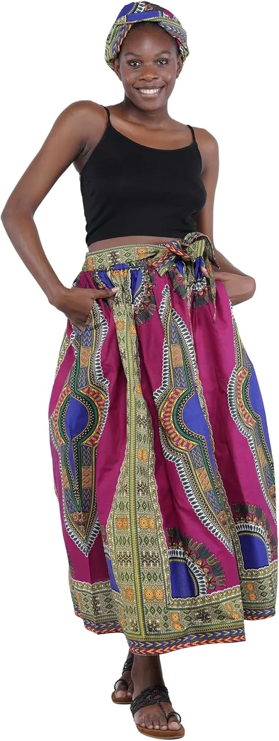 Women's Embossed Dashiki Print Long Maxi, Elastic Waist with Attached Belts & 2 Pockets, African Dashiki Skirt Afrocentric