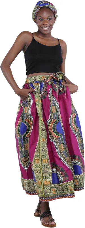 Women's Embossed Dashiki Print Long Maxi, Elastic Waist with Attached Belts & 2 Pockets, African Dashiki Skirt Afrocentric