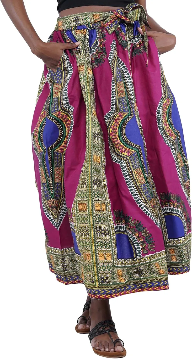Women's Embossed Dashiki Print Long Maxi, Elastic Waist with Attached Belts & 2 Pockets, African Dashiki Skirt Afrocentric