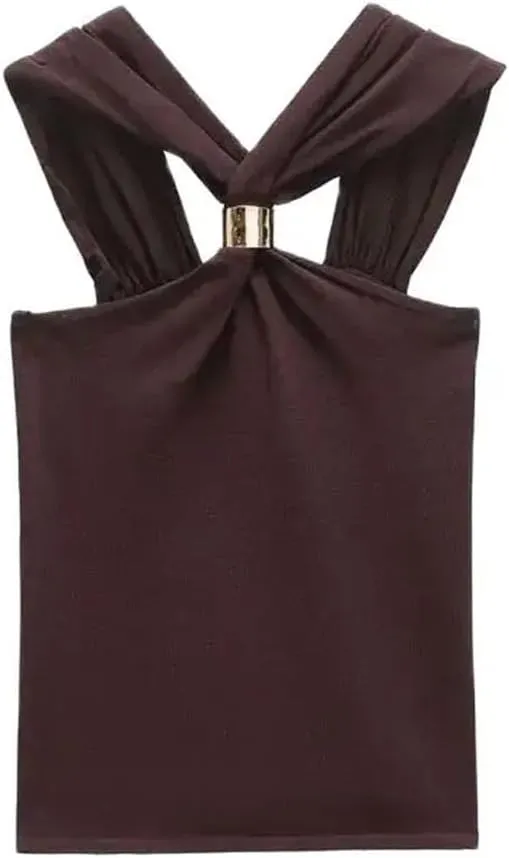 Women's Fashion Knit Halterneck Tank Top Wide Straps Camisole Female Top