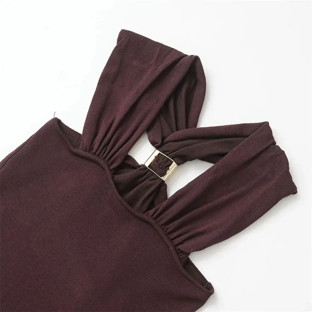 Women's Fashion Knit Halterneck Tank Top Wide Straps Camisole Female Top