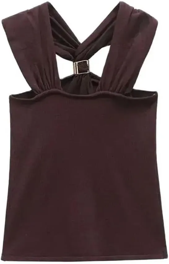 Women's Fashion Knit Halterneck Tank Top Wide Straps Camisole Female Top