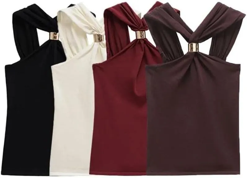 Women's Fashion Knit Halterneck Tank Top Wide Straps Camisole Female Top